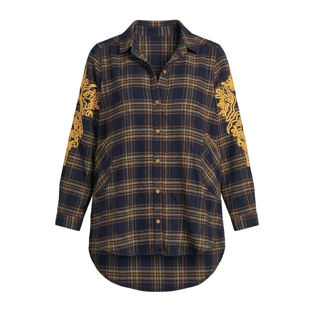 NEW Oh My Stars Layerz Clothing Plaid Embroidered Tunic Shirt Navy Orange XS